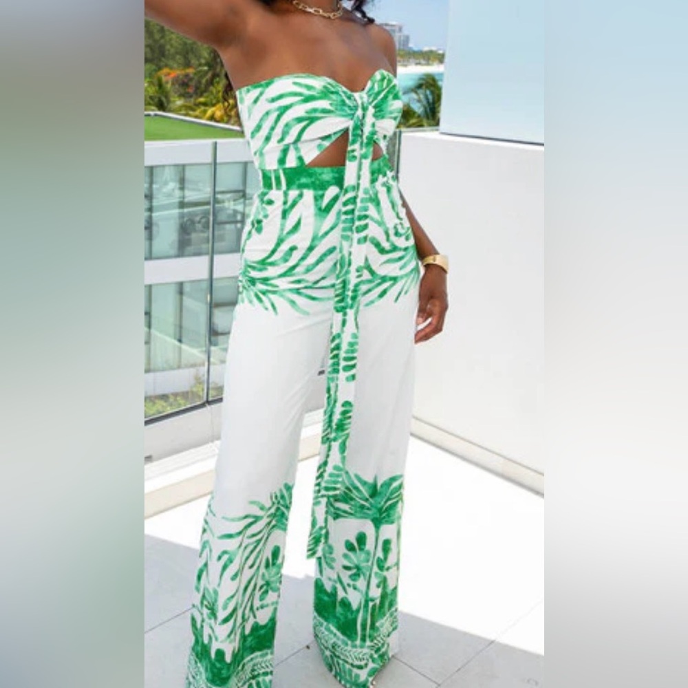 Super Cute Leafy Green and White Strapless Jumpsuit